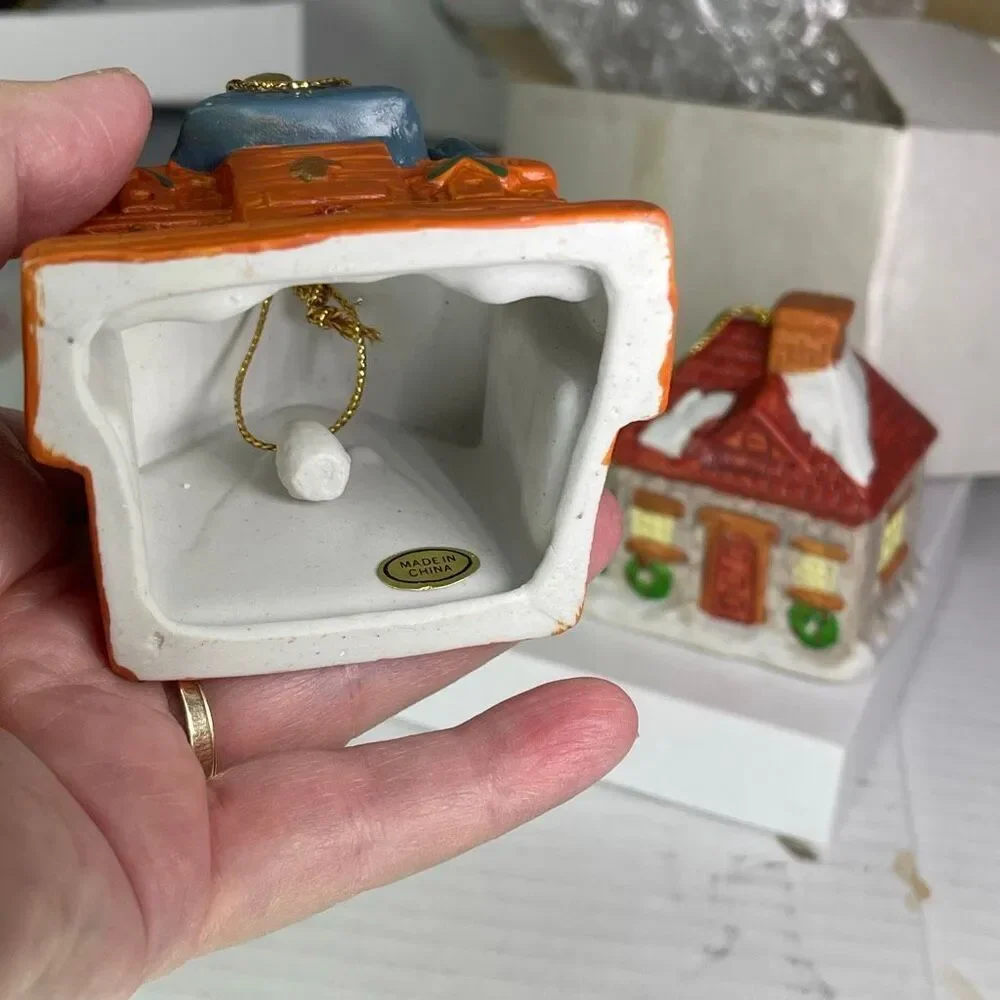Vintage Set of 3 ceramic hanging bell buildings ornaments